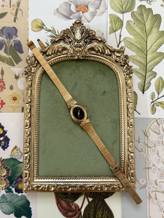 Working Vintage Gold Tone Black Dial Adjustable Watch