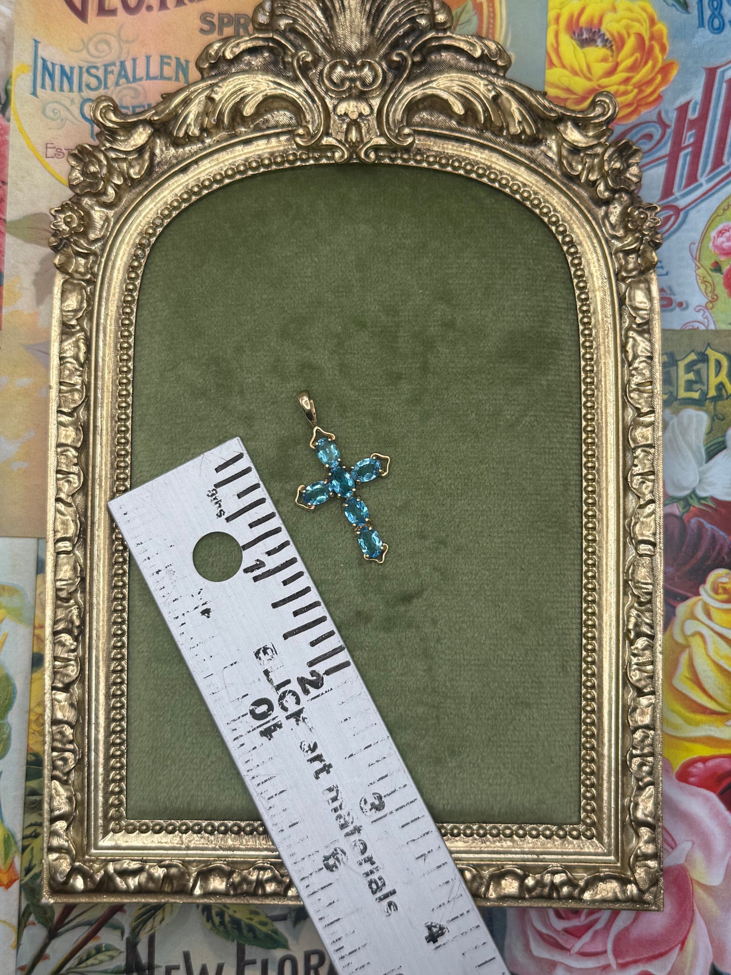 14k Solid Gold Blue Stone Cross Pendant