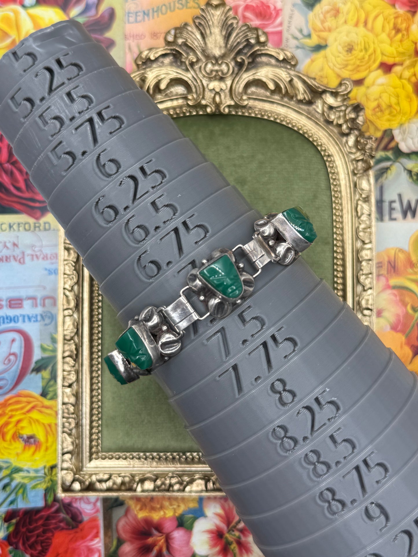 Vintage Sterling Silver Mexico Green Onyx Bracelet 7”