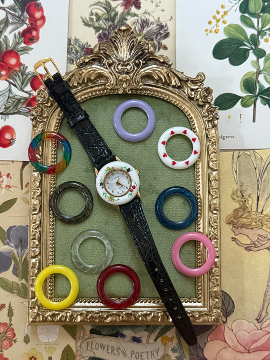 Working Vintage Gold Tone Leather Strap Interchangeable Bezel Watch