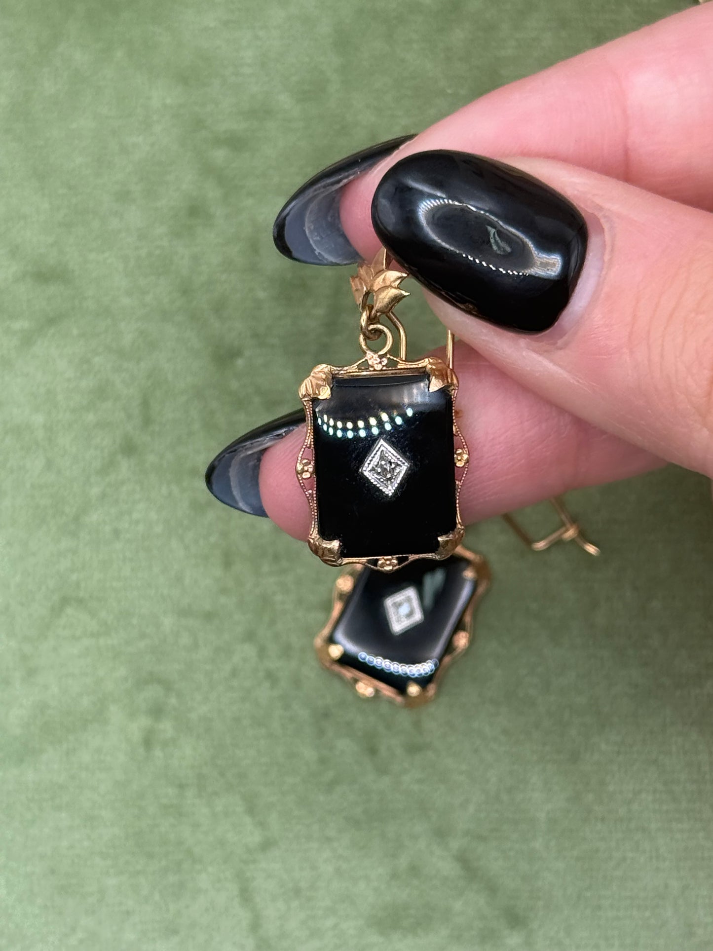 10k Solid Gold Onyx Victorian Revival Earrings