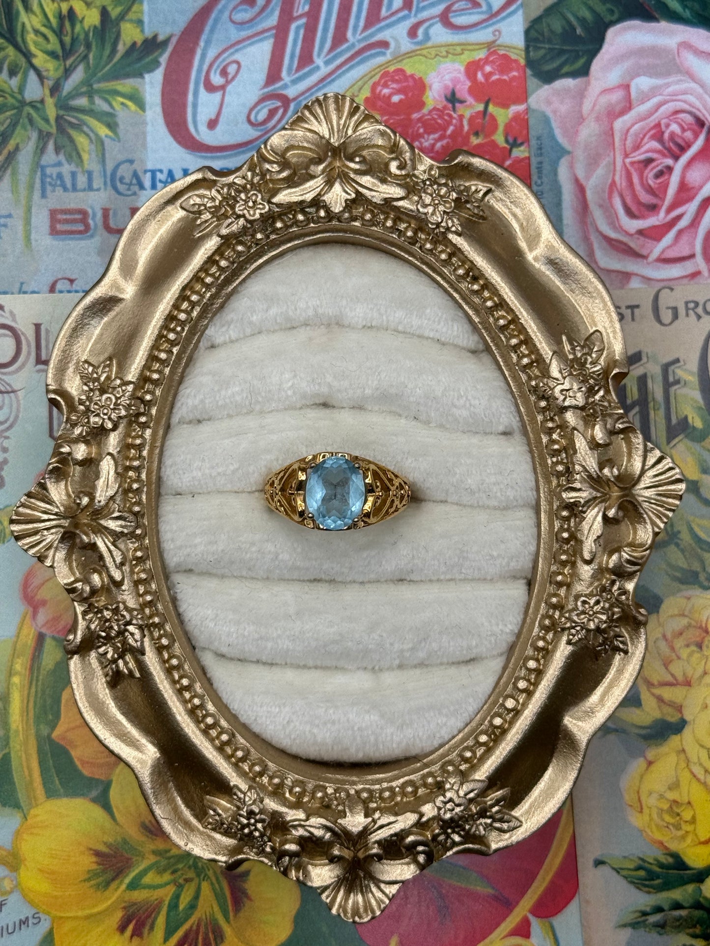 Vintage Gold Tone Blue Stone Ring Size 7.75
