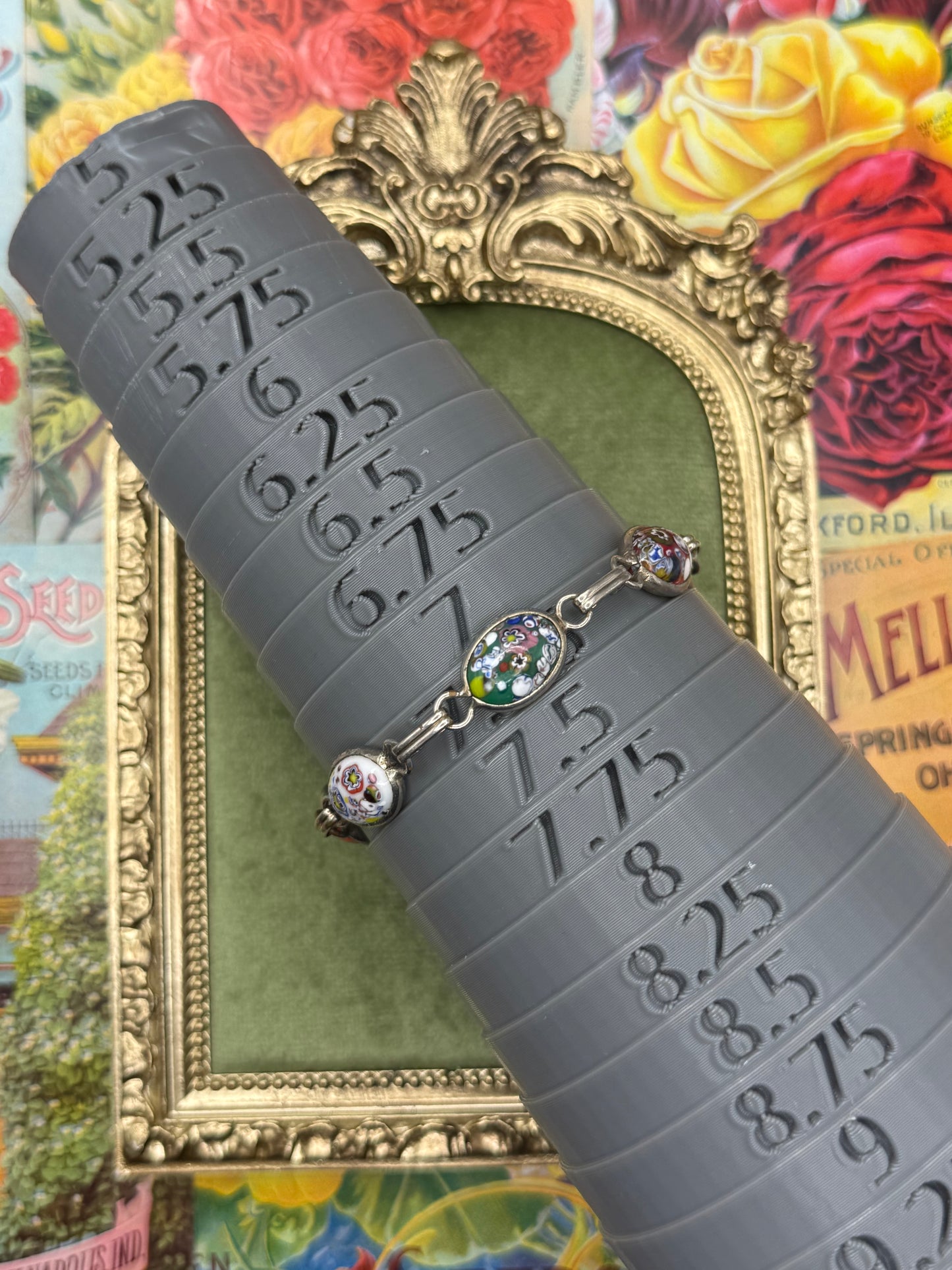 Vintage Silver Tone Millefiori Bracelet 7.25”