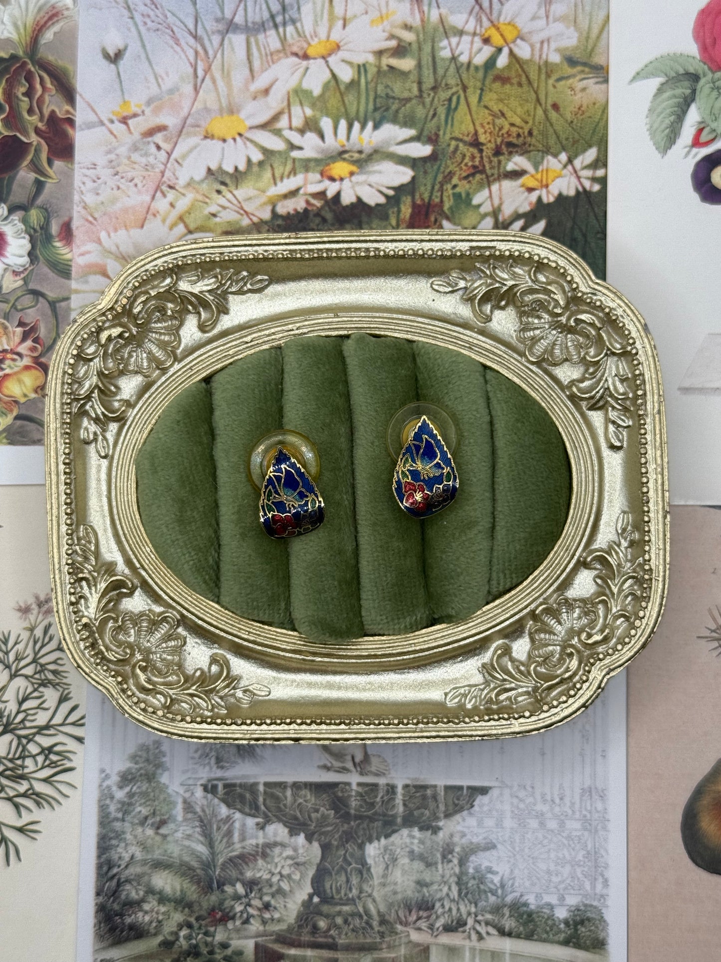 Vintage Gold Tone Cloisonne Stud Earrings