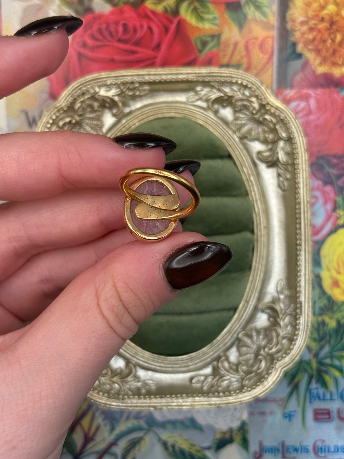 Vintage Gold Tone Pink Scarab Ring Size 5.75