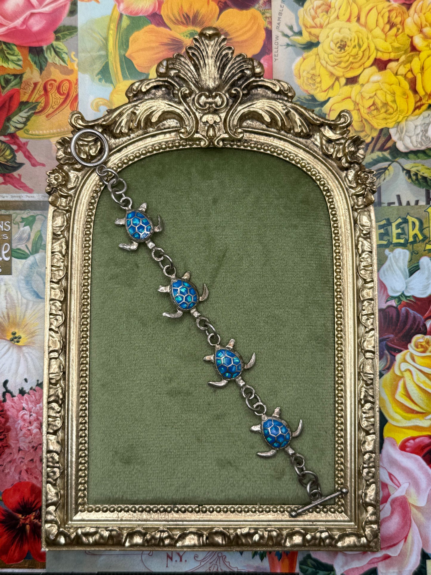 Vintage Silver Tone Faux Opal Turtle Bracelet 5.25”