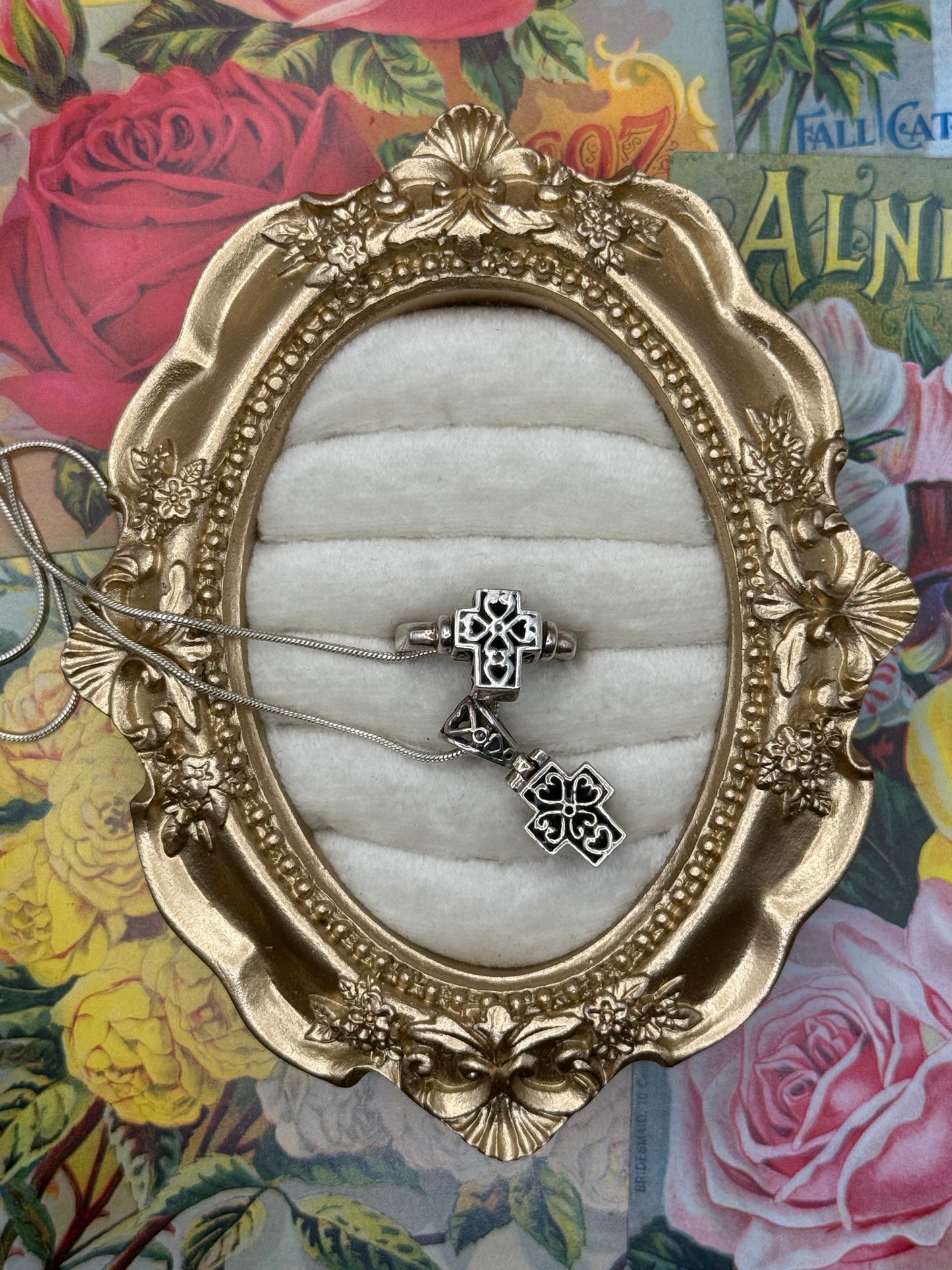 Sterling Silver Reversible Flip Cross Ring & Necklace Set Size 7 / 24”