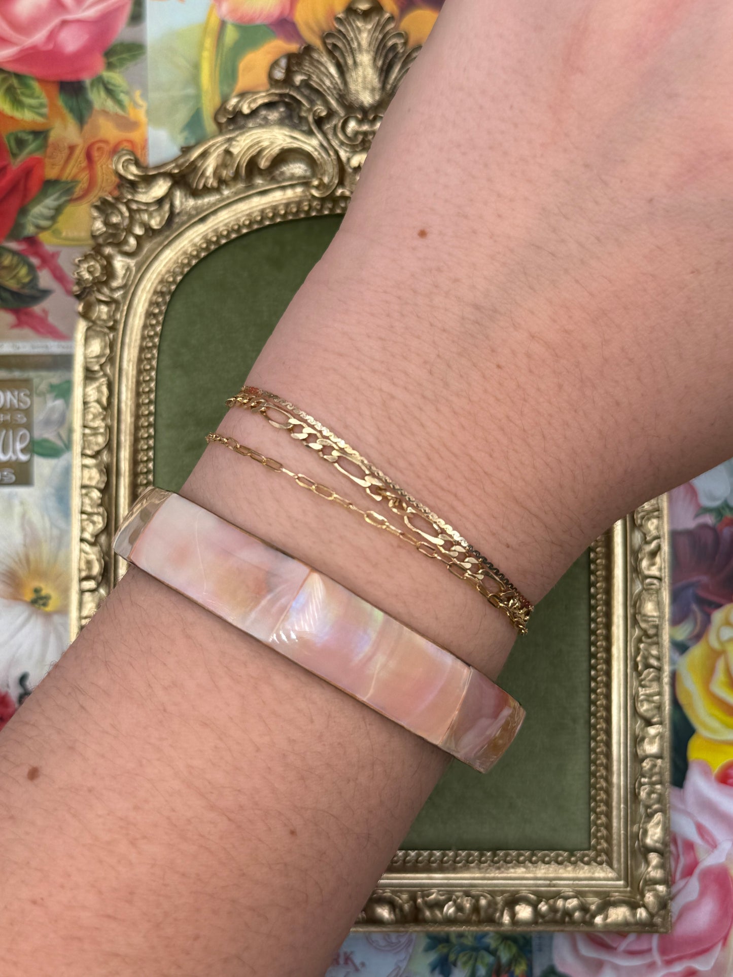 Vintage Gold Tone Iridescent Hexagonal Bangle 8”