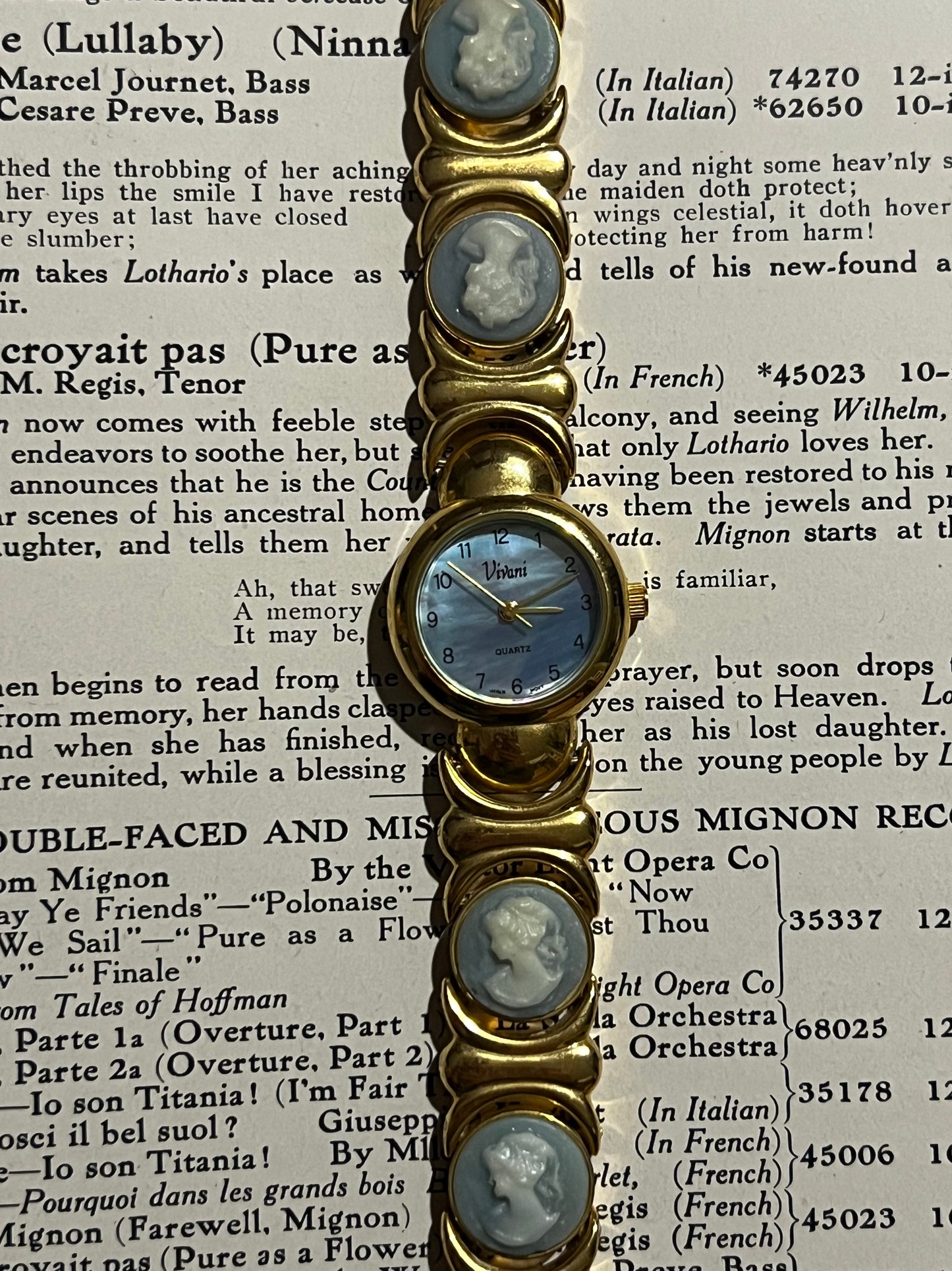 vivani gold tone vintage blue cameo watch