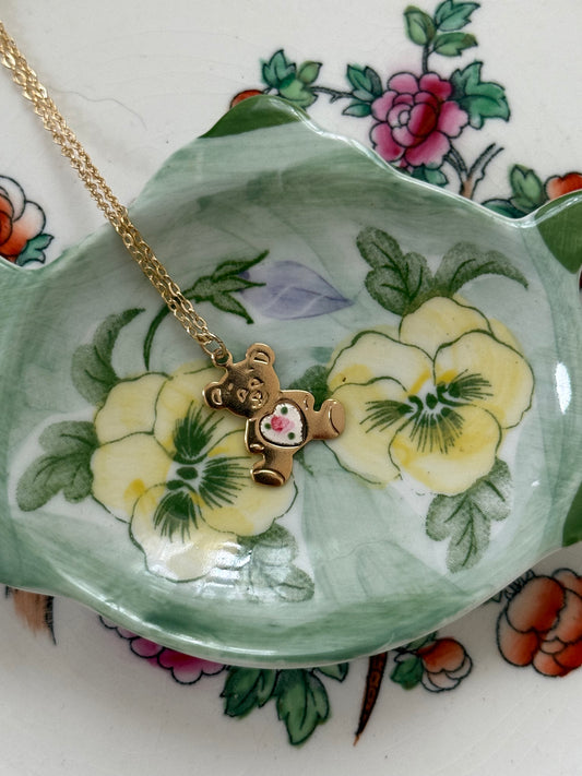 dainty gold tone guilloche teddy bear pendant necklace