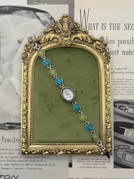 Working Vintage Silver Tone Gemstone Watch