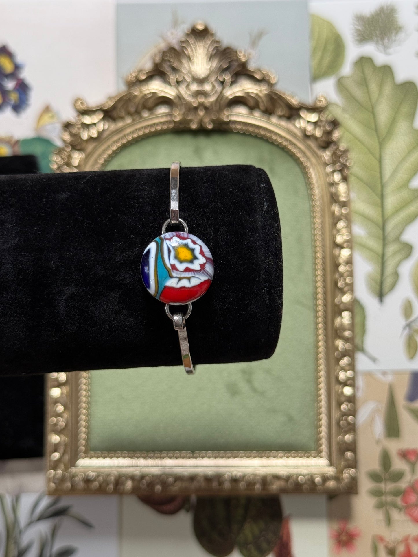 Vintage Silver Tone Millefiori Glass Cuff Bracelet