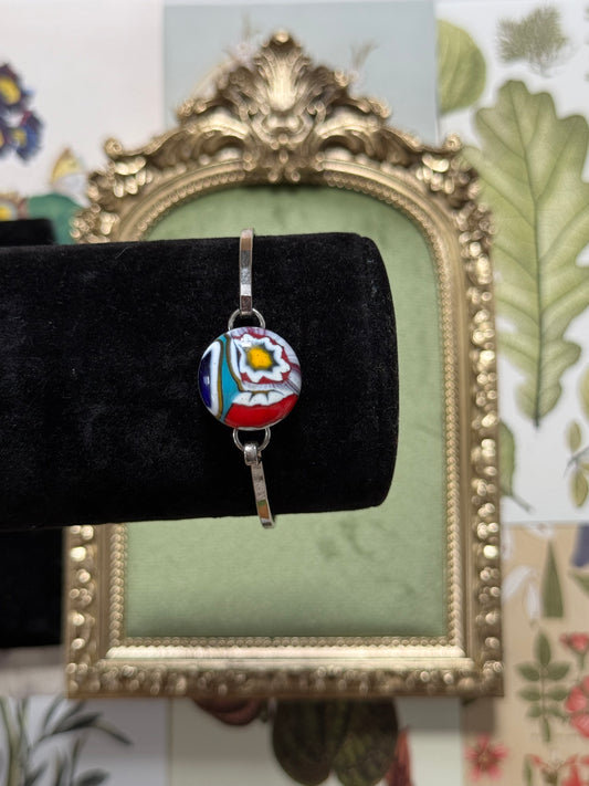 Vintage Silver Tone Millefiori Glass Cuff Bracelet