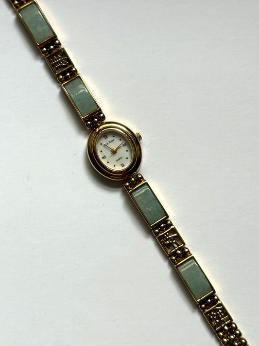 working gold tone green jade gemstone watch
