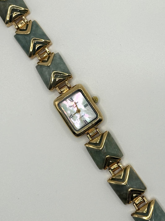 working gold tone green jade gemstone watch