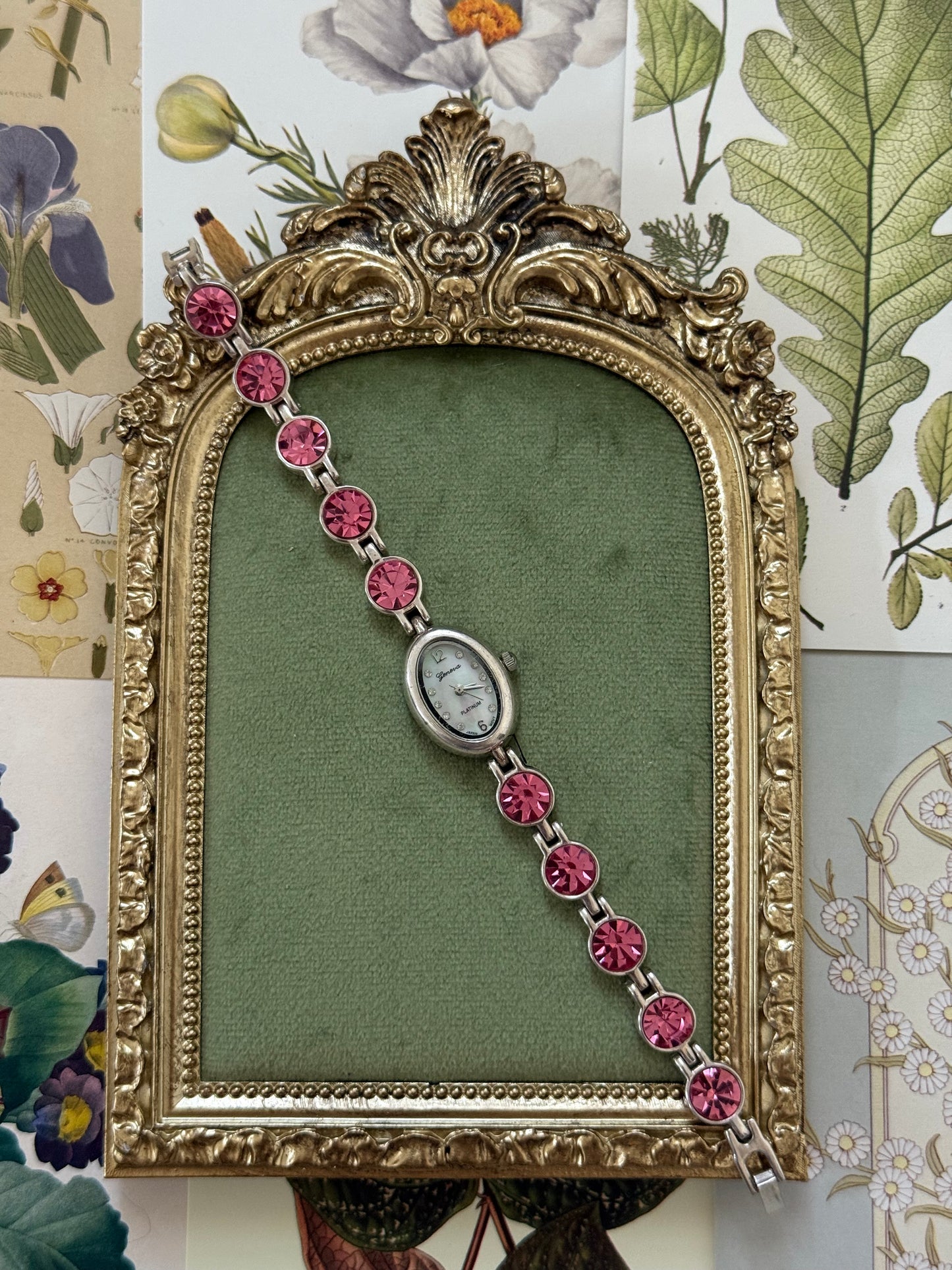 Working Vintage Silver Tone Gemstone Watch