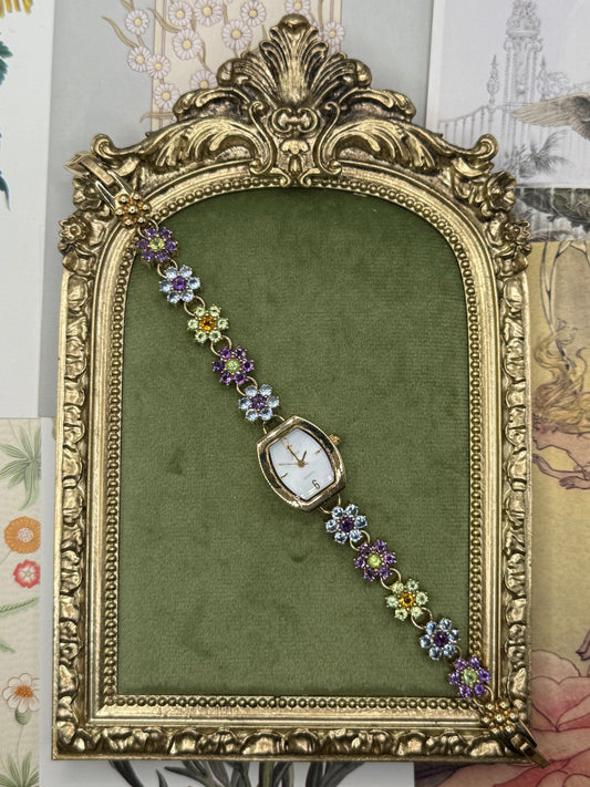 Working Vintage Gold Tone Gemmed Floral Watch