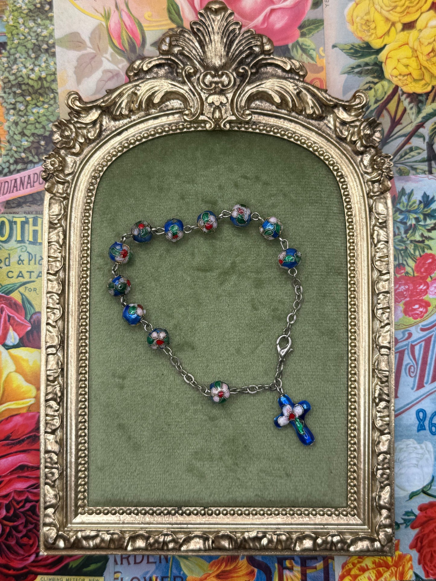 Vintage Silver Tone Cloisonne Cross Bracelet 7”