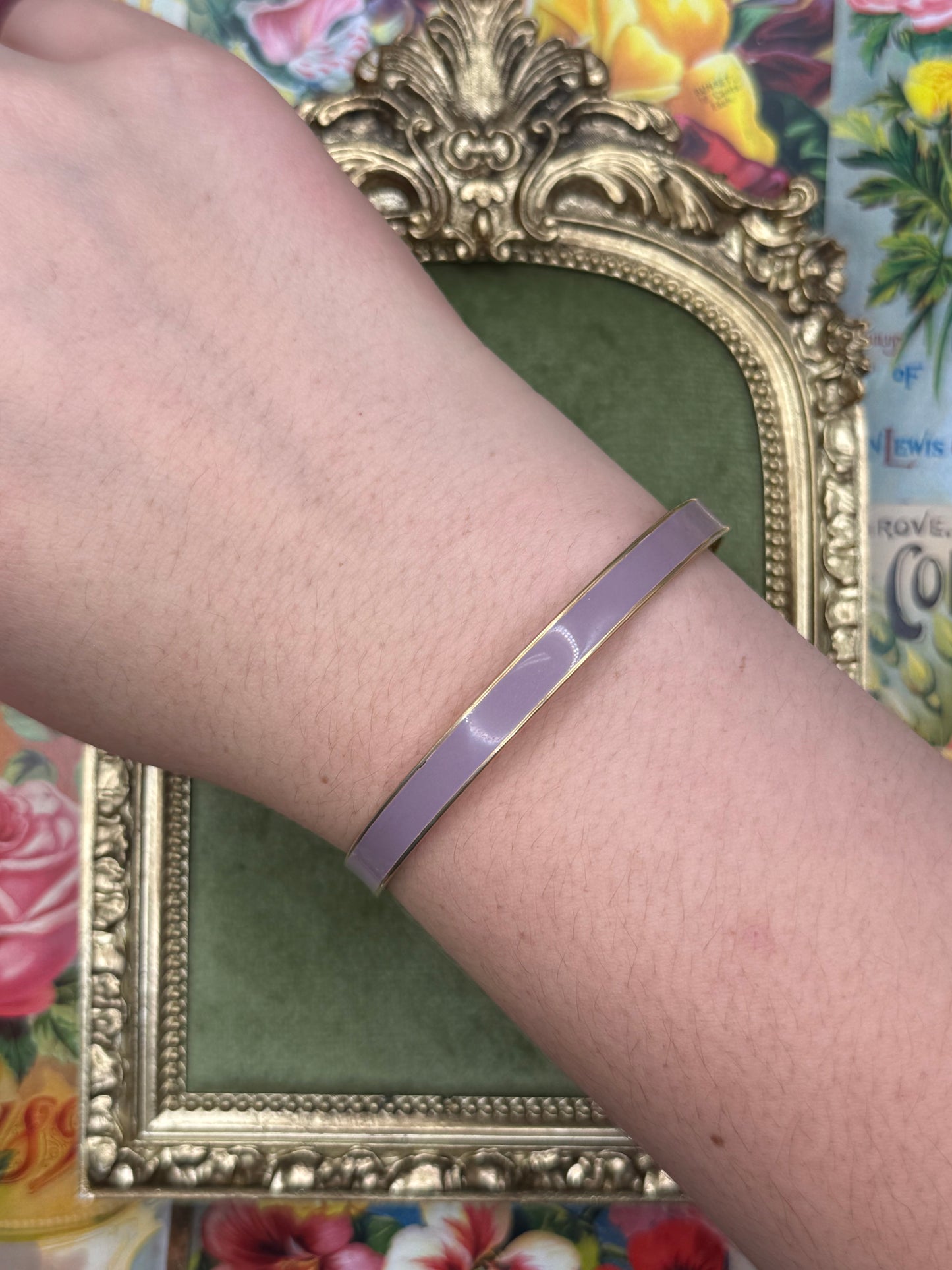 Vintage Gold Tone Lilac Enameled Bangle 7.75”