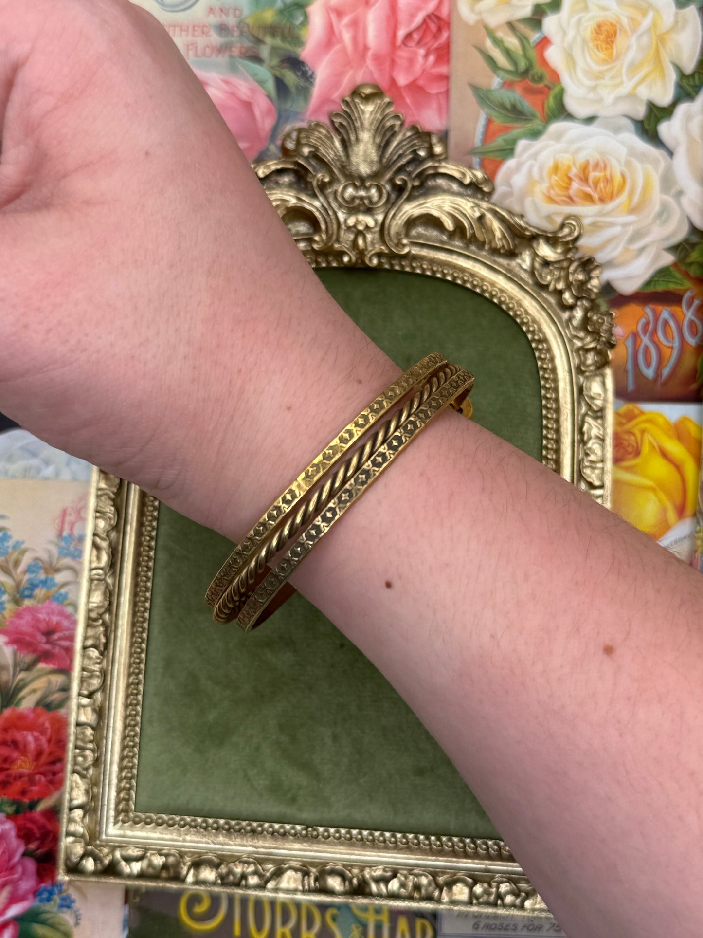 Vintage Gold Tone Green Stone Bangle Bracelet