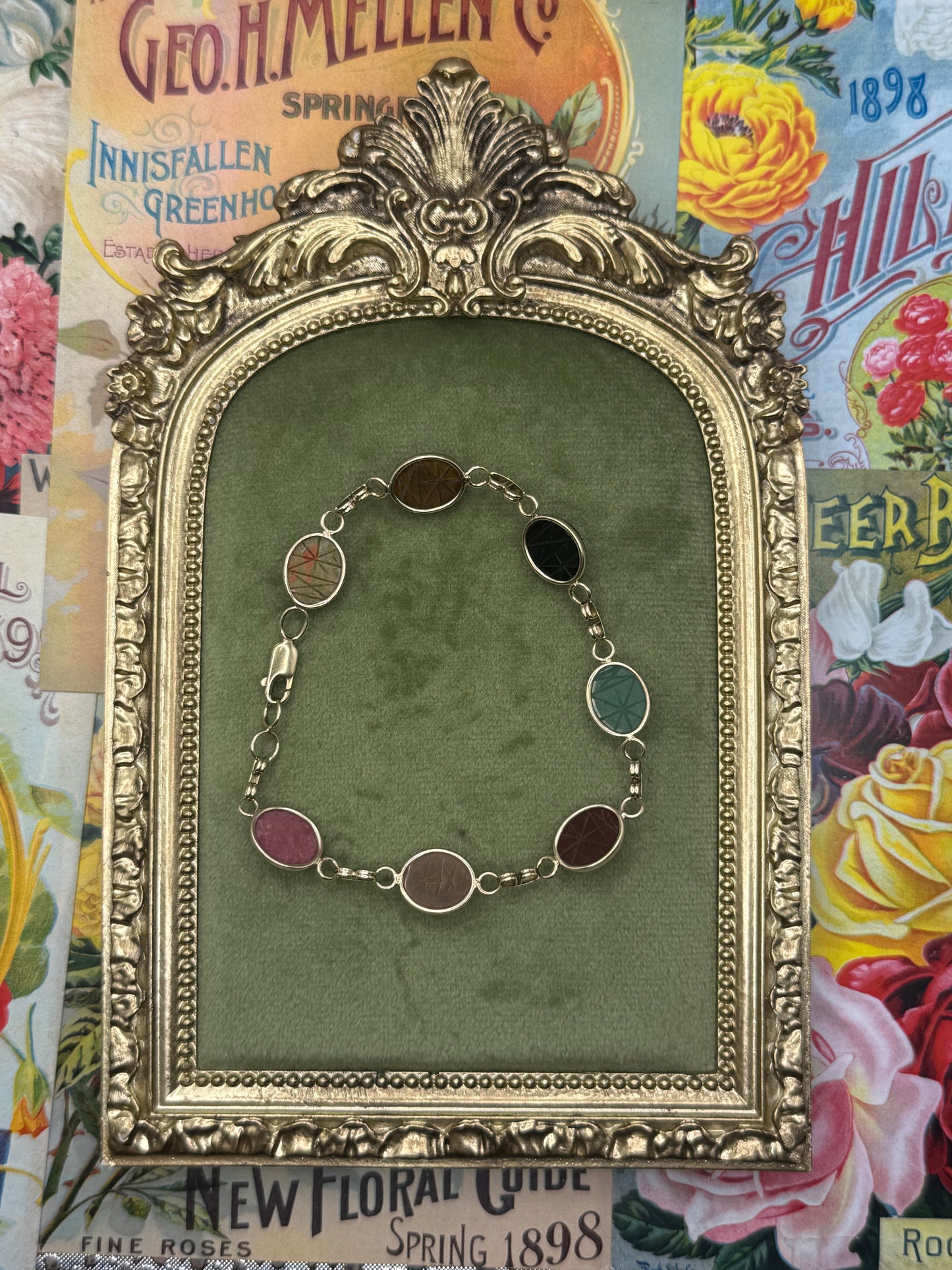 14k Solid Gold Gemstoned Scarab Bracelet 7.75”