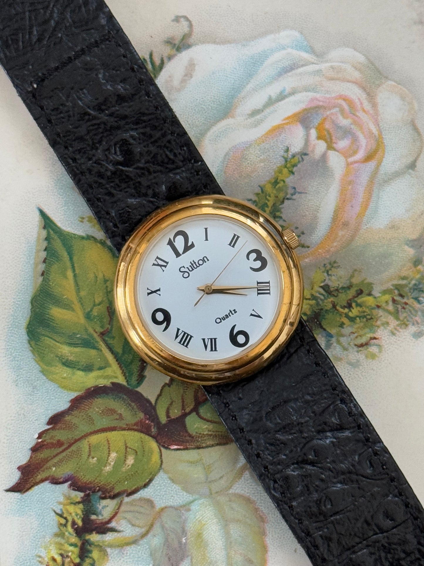 sutton gold tone thick leather strap vintage watch