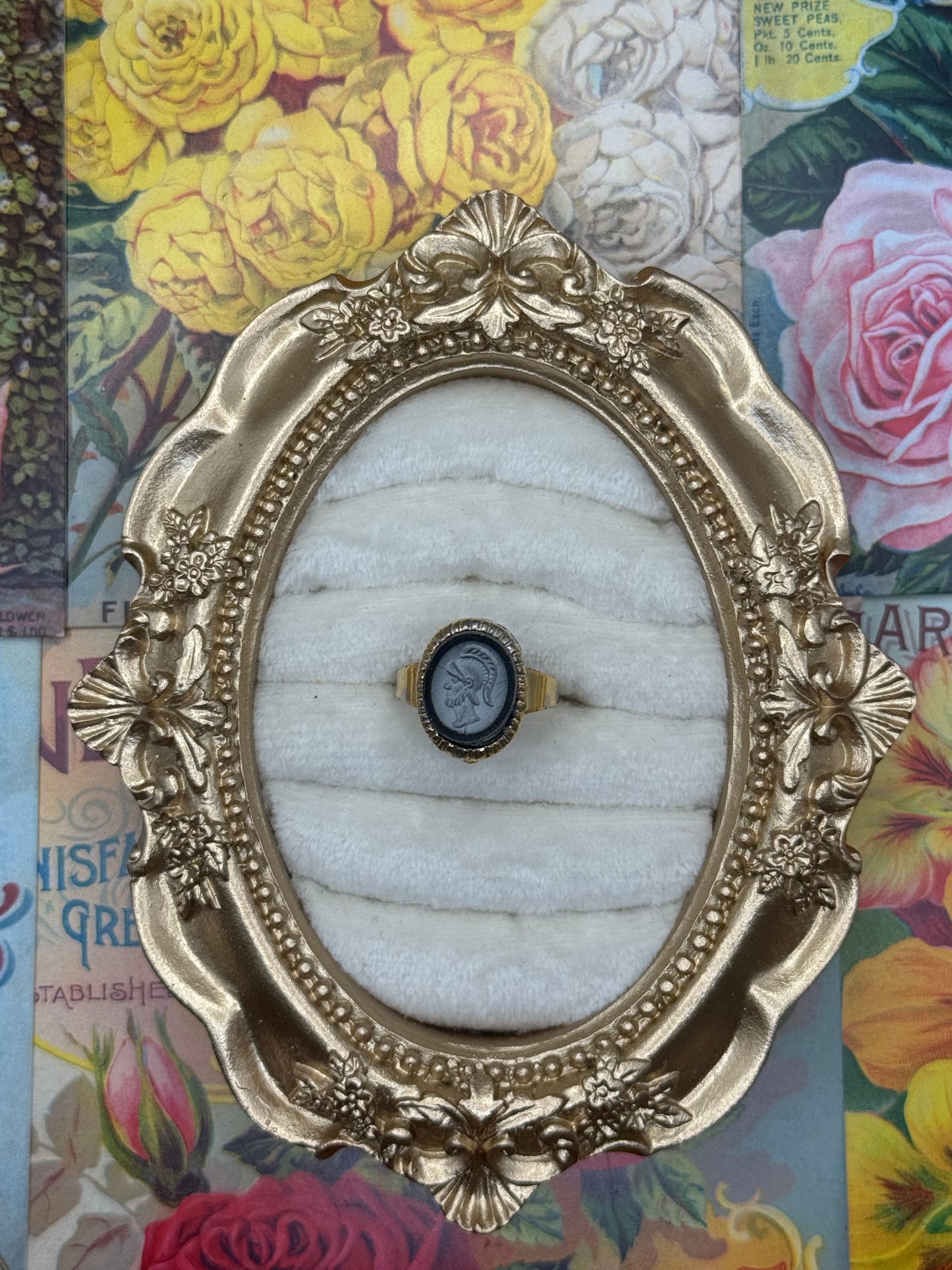 Vintage Gold Tone Adjustable Intaglio Ring Size 6
