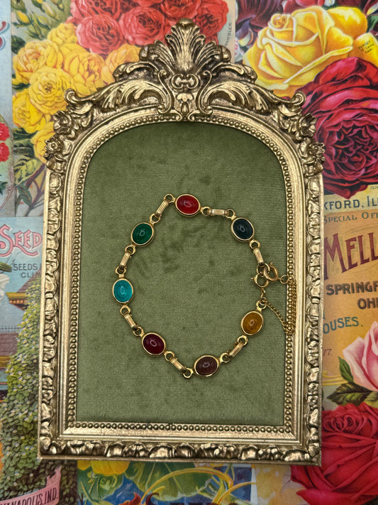 Vintage Gold Tone Multicolor Cabochon Bracelet 7.25”