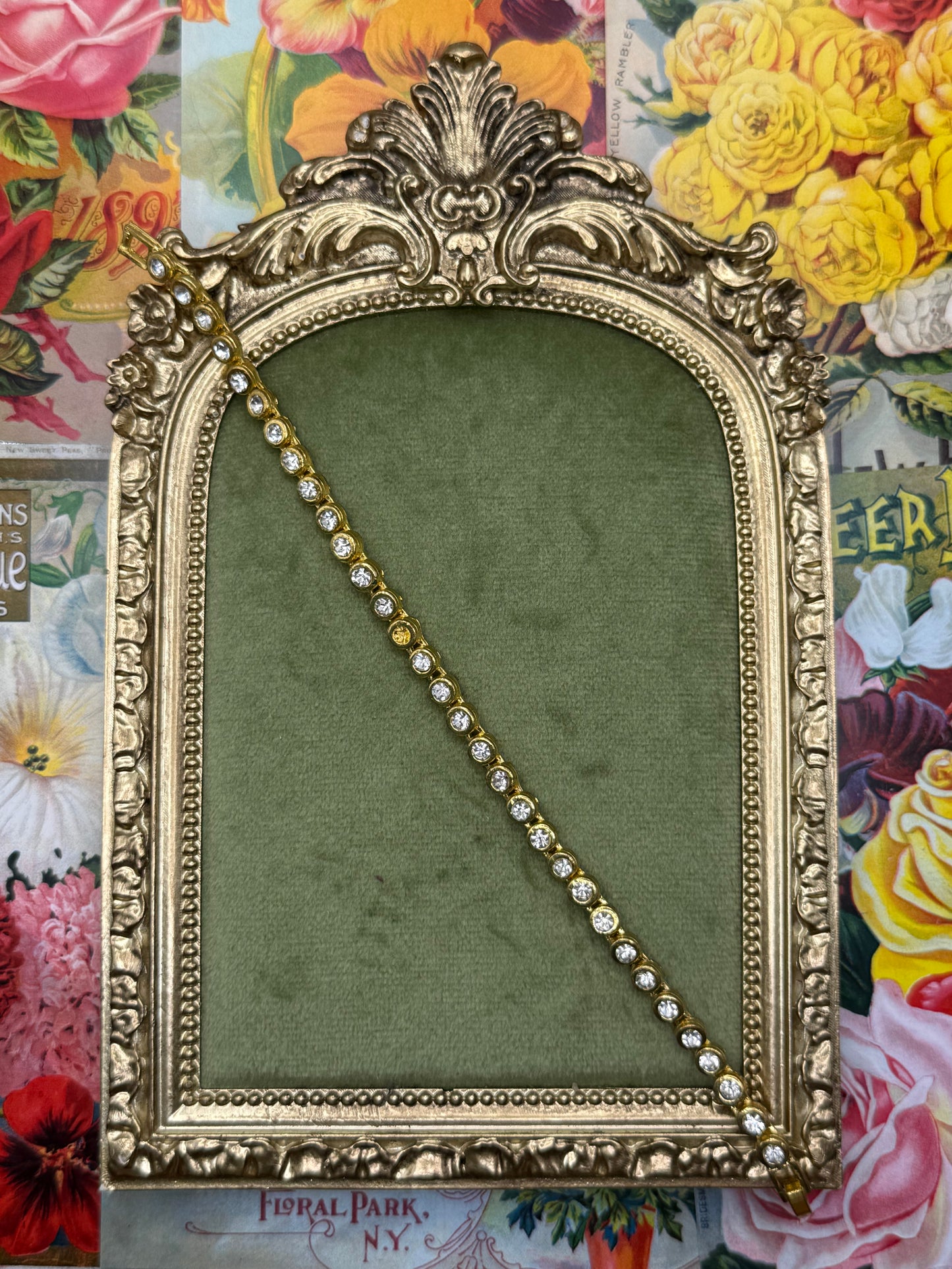 Vintage Gold Tone Dainty Tennis Bracelet - 1 Missing Stone 7”
