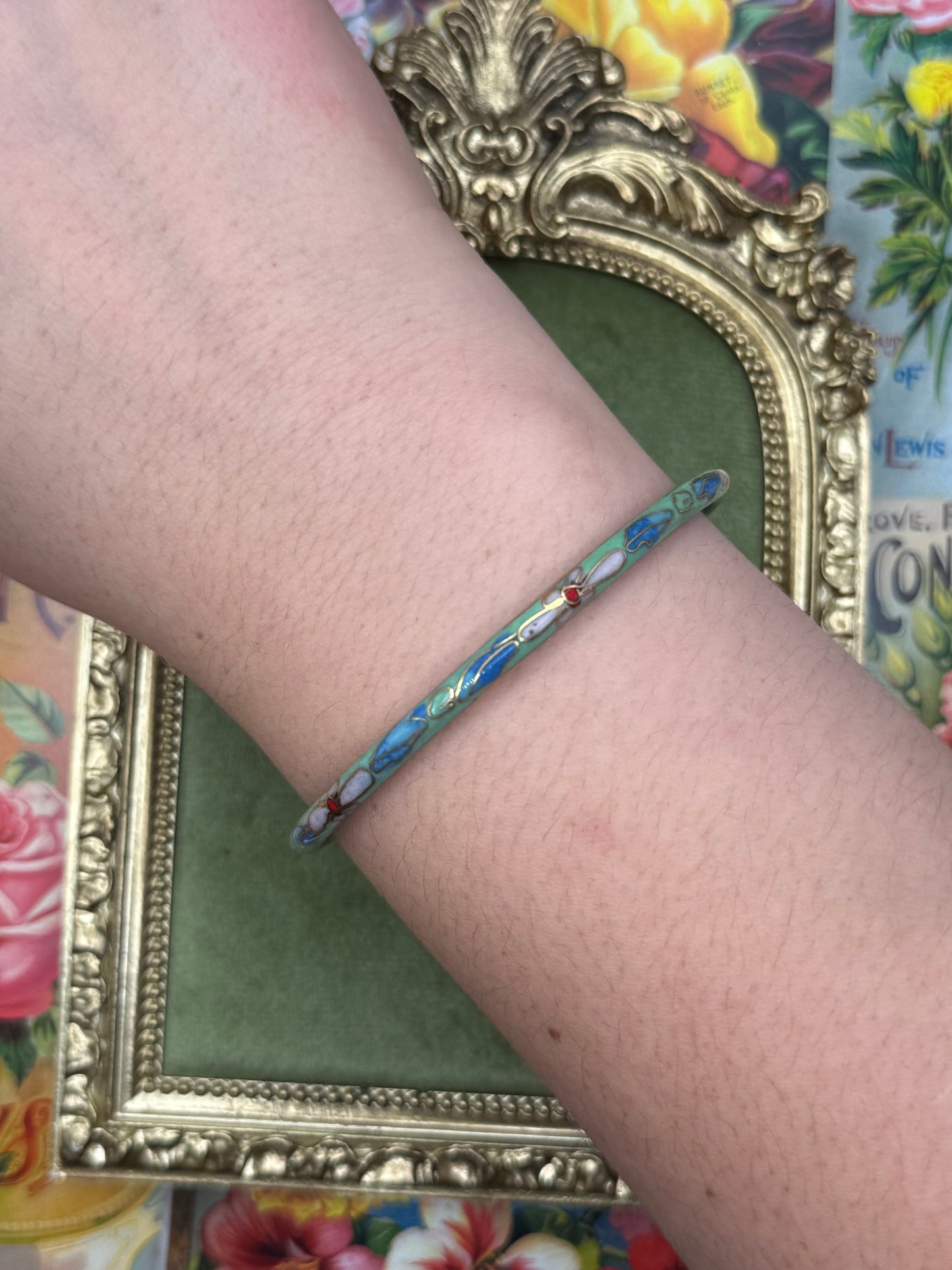 Vintage Mint Enameled Cloisonne Bangle 8”