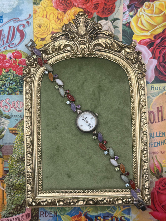 Working Vintage Sterling Silver & Jade Watch 7”
