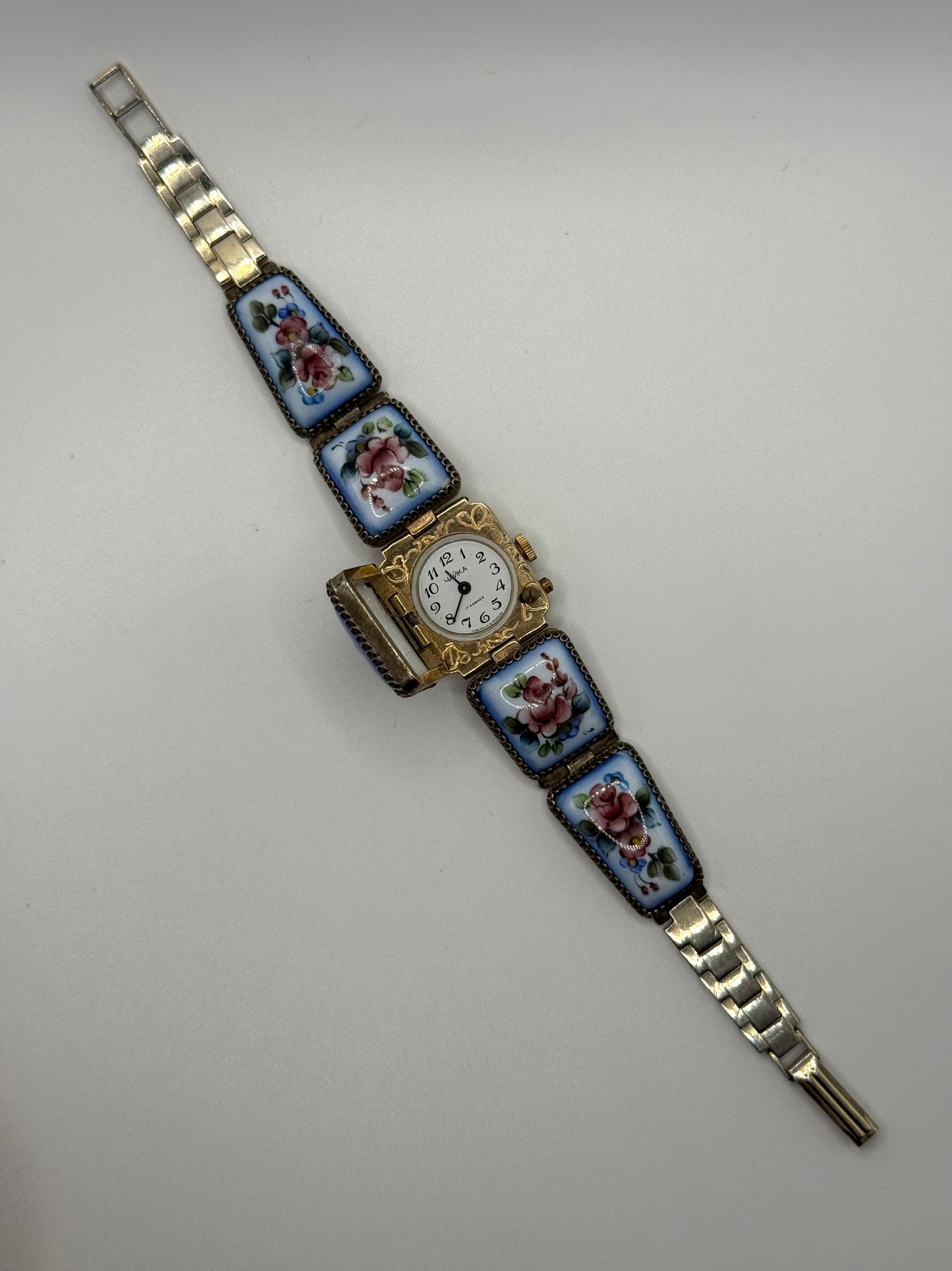 working gold tone soviet enameled wind up peek a boo watch