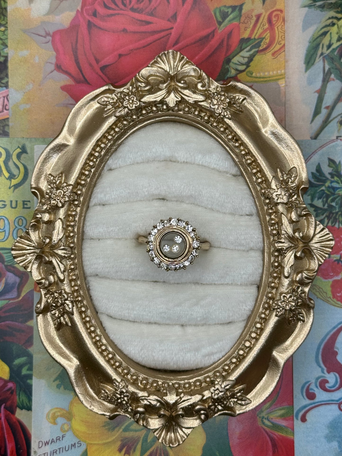Vintage Gold Tone Floating Crystal Ring Size 8