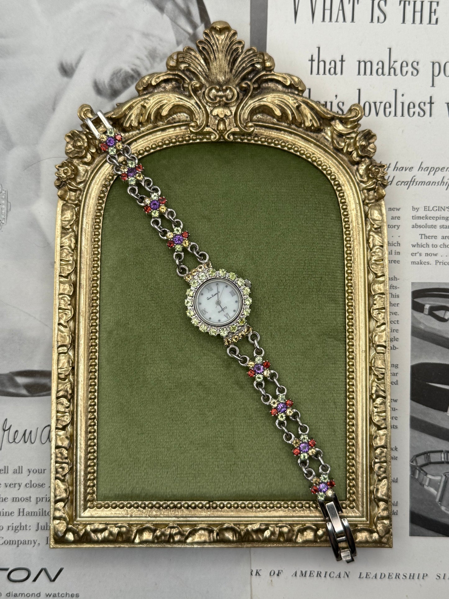 Working Vintage Silver Tone Floral Gemstone Watch
