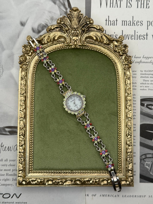 Working Vintage Silver Tone Floral Gemstone Watch