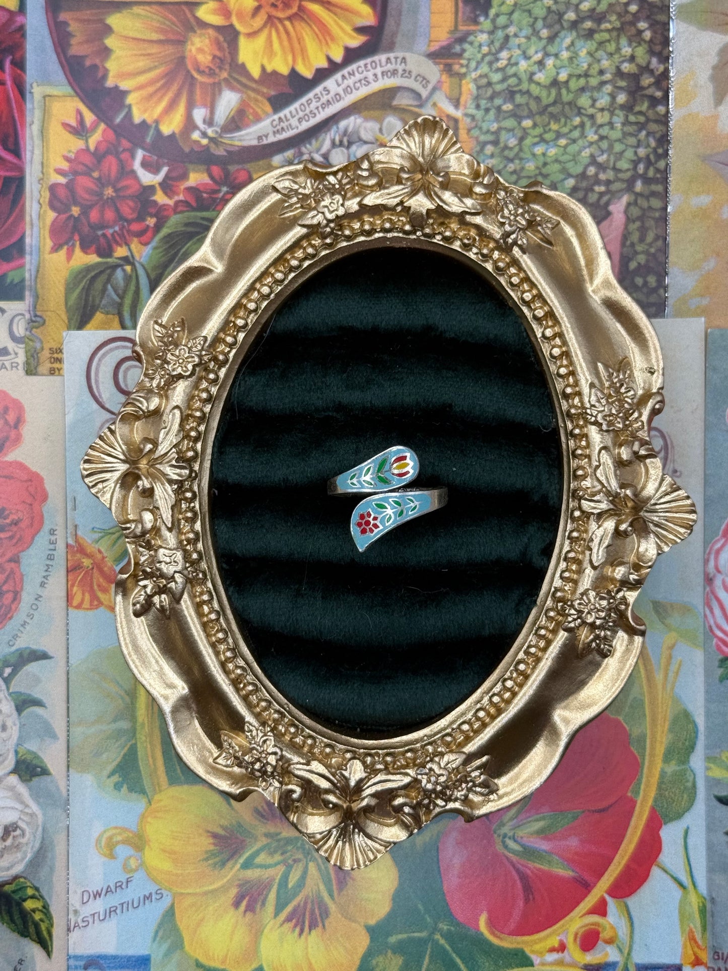 Sterling Silver Enameled Bypass Ring Size 7