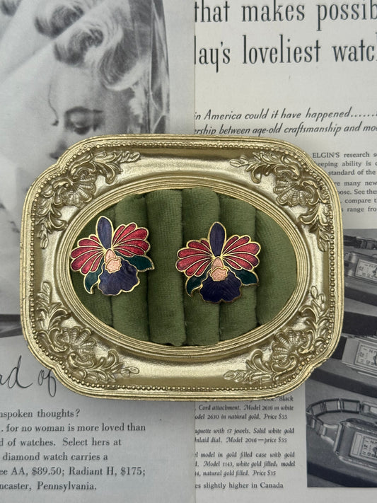 Vintage Gold Tone Pierced Orchid Earrings