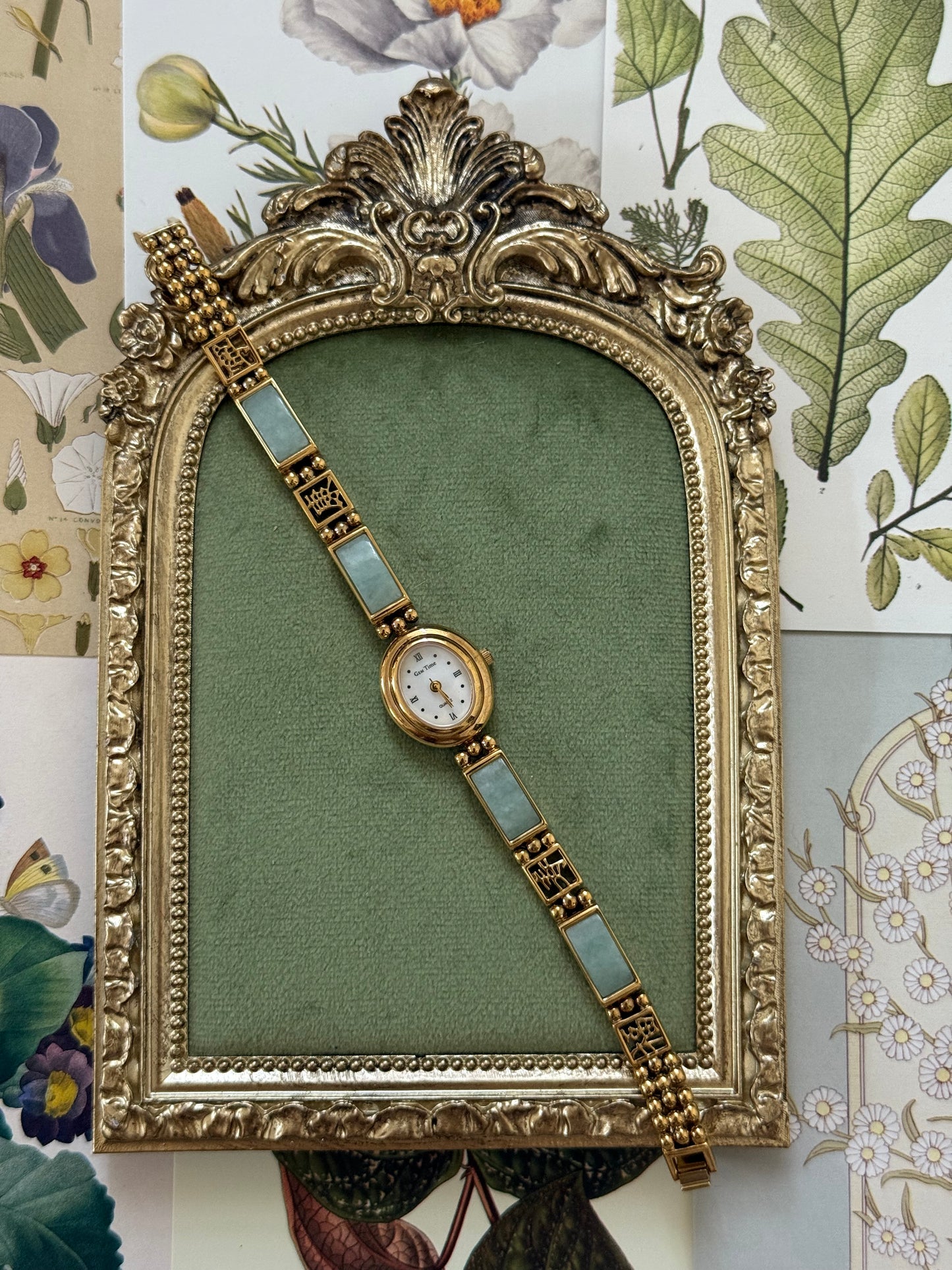 Working Vintage Gold Tone Jade Watch
