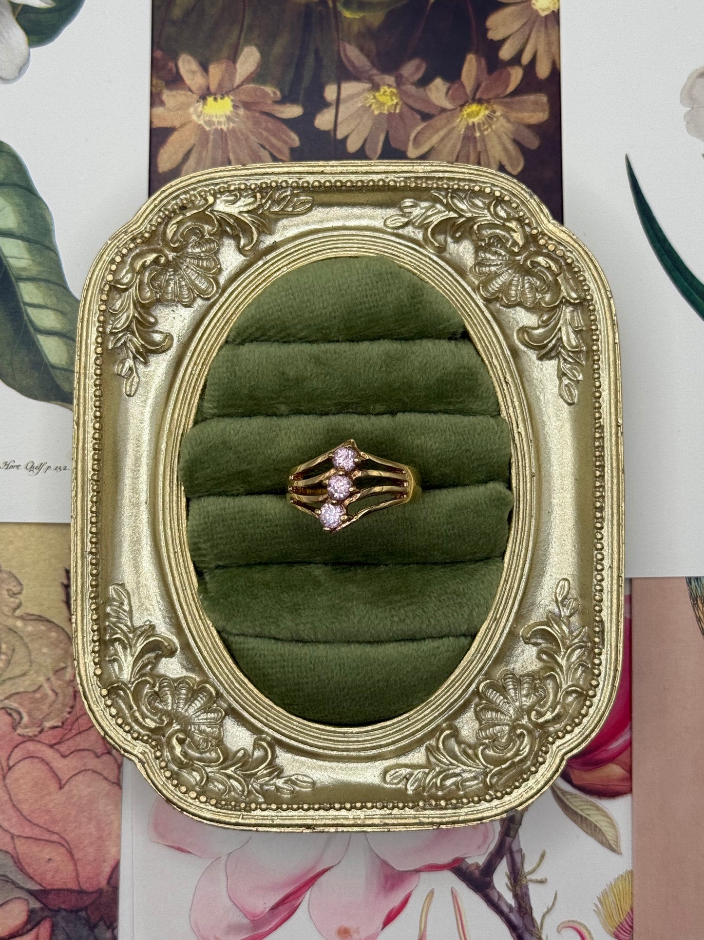 Vintage Gold Tone Three Stone Pink Ring Size 8