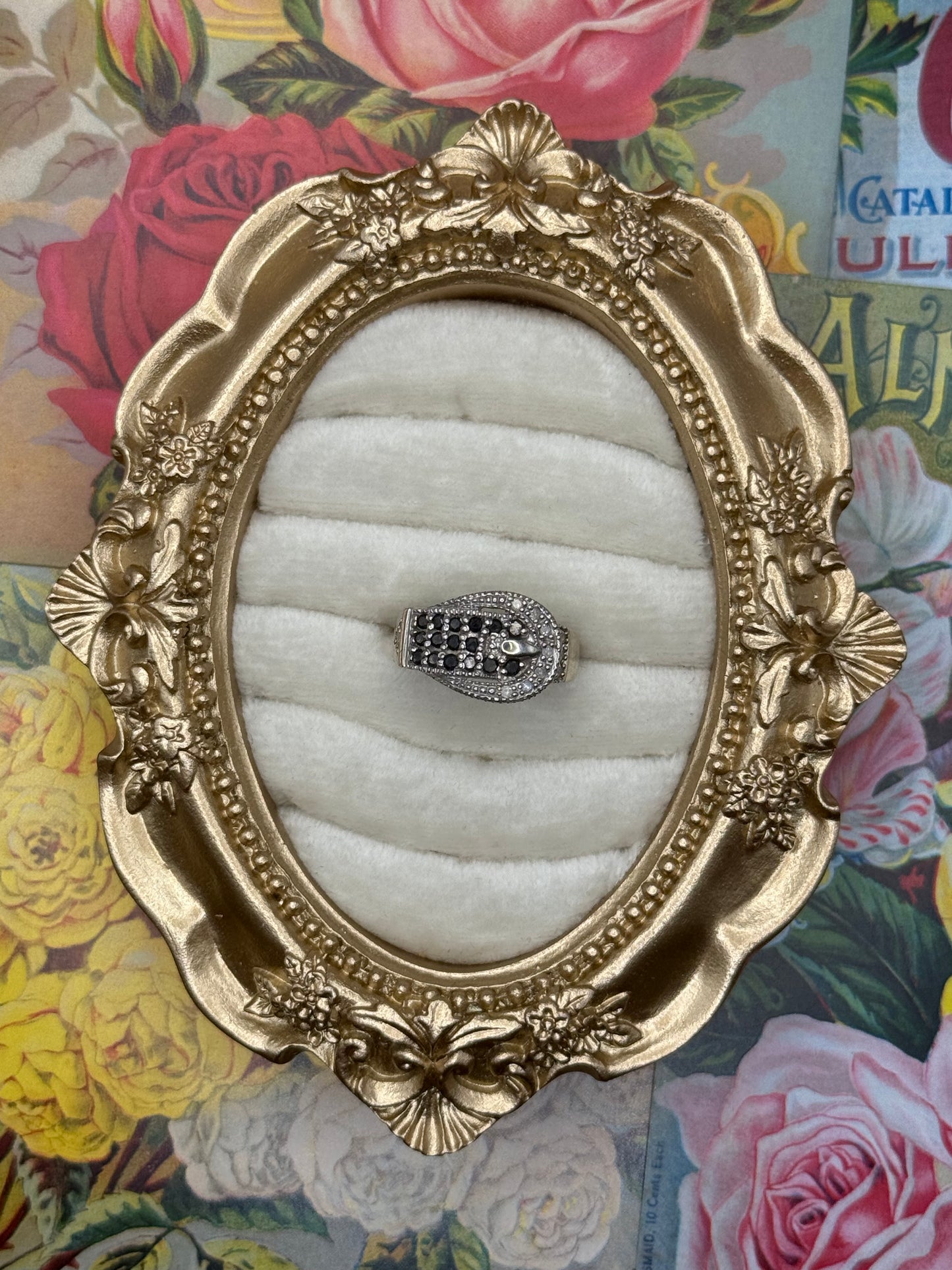 10k White Gold Diamond Belt Buckle Ring Size 7.75