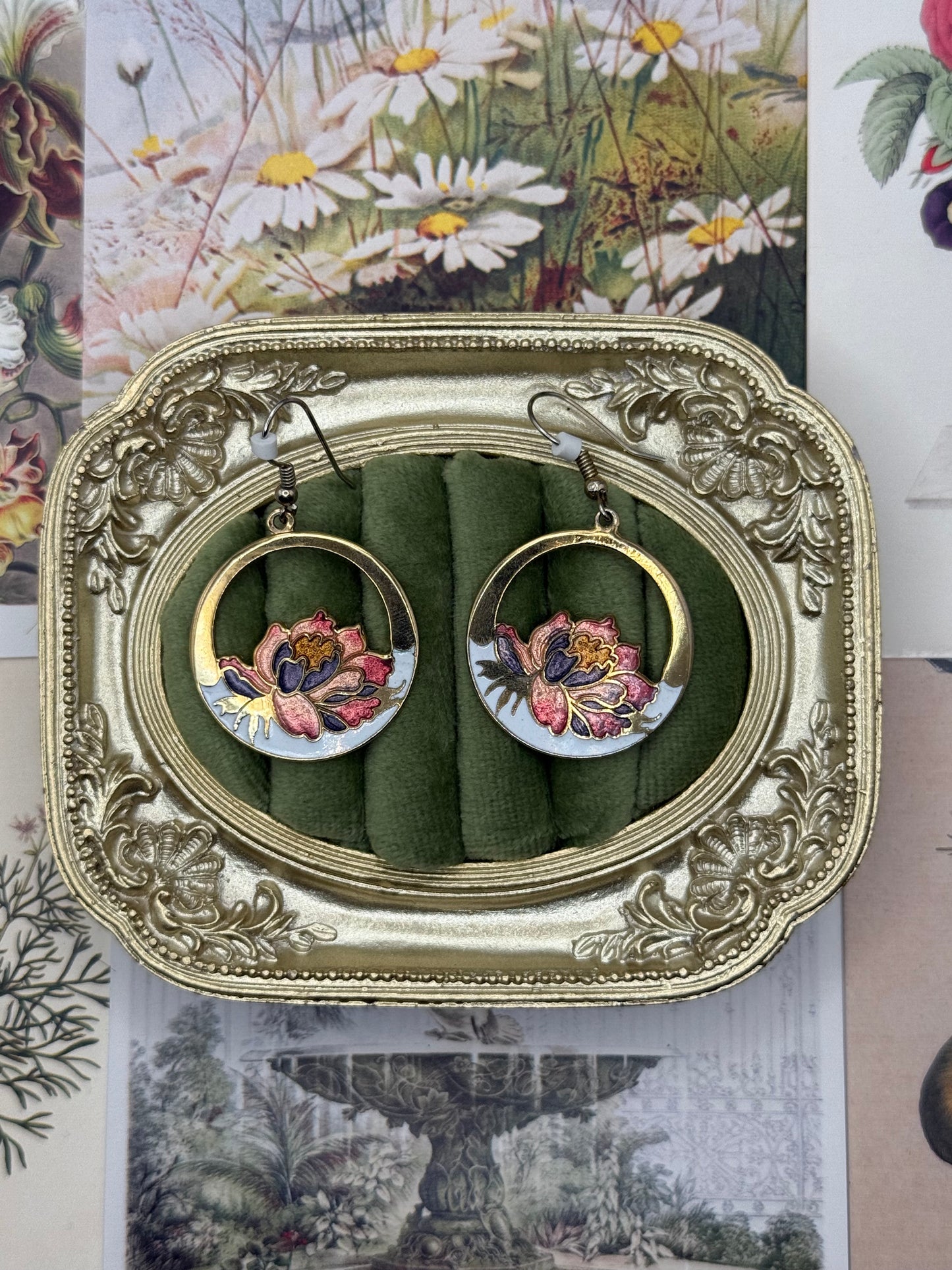 Vintage Gold Tone Cloisonne Floral Earrings