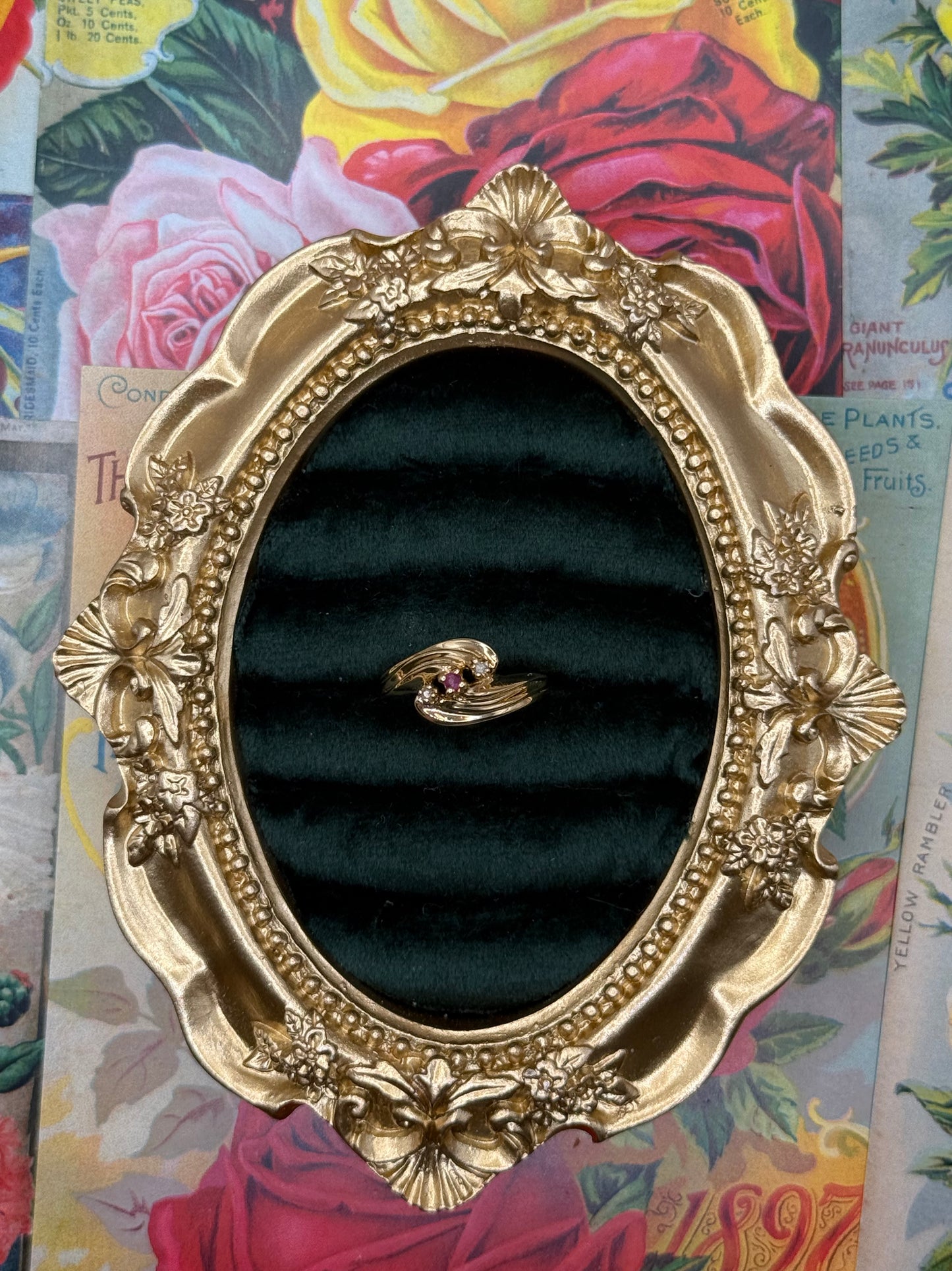 Vintage Gold Tone Ruby & Diamond Ring Size 6.75