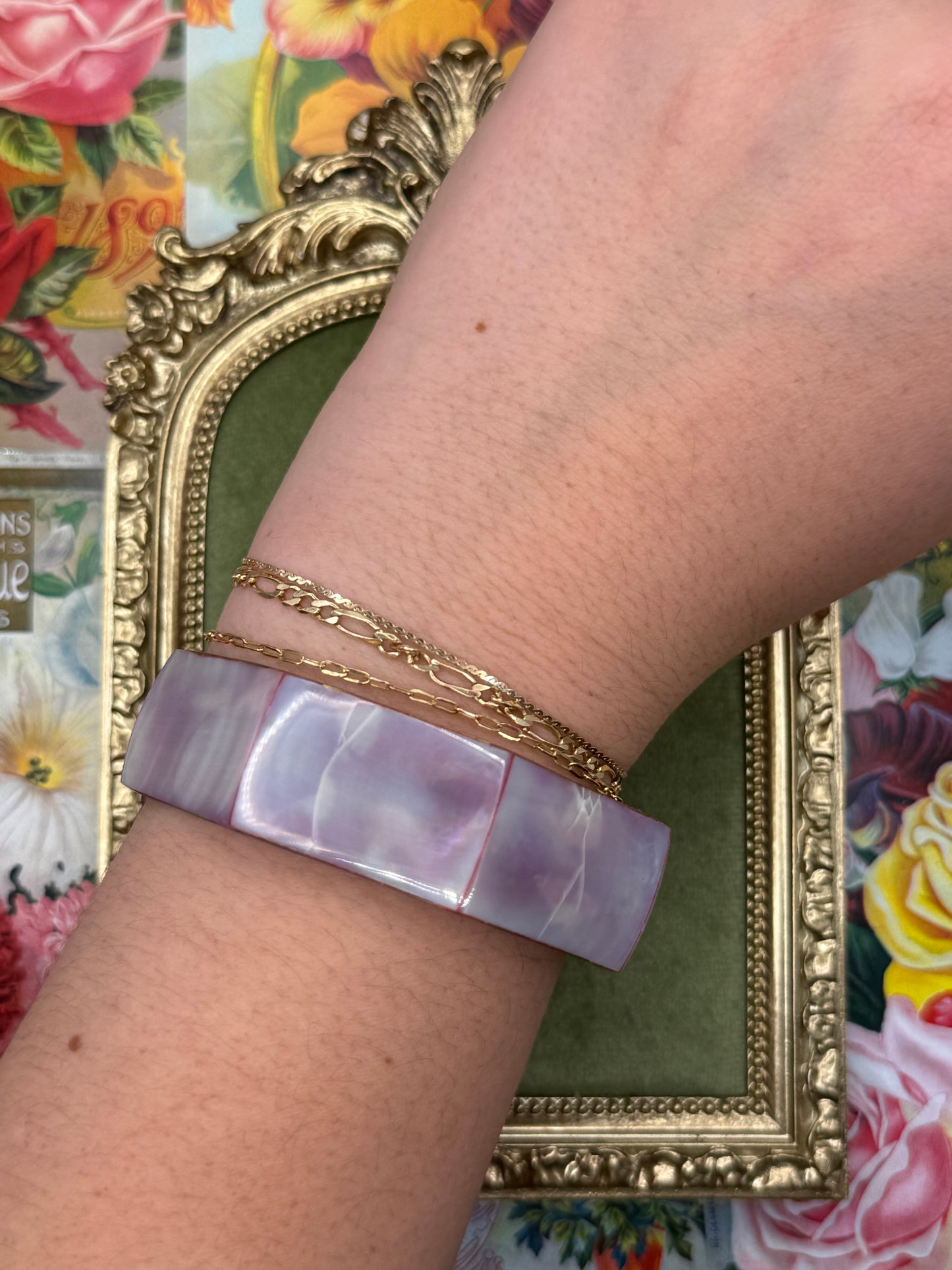 Vintage Gold Tone Hexagonal Iridescent Bangle 8”