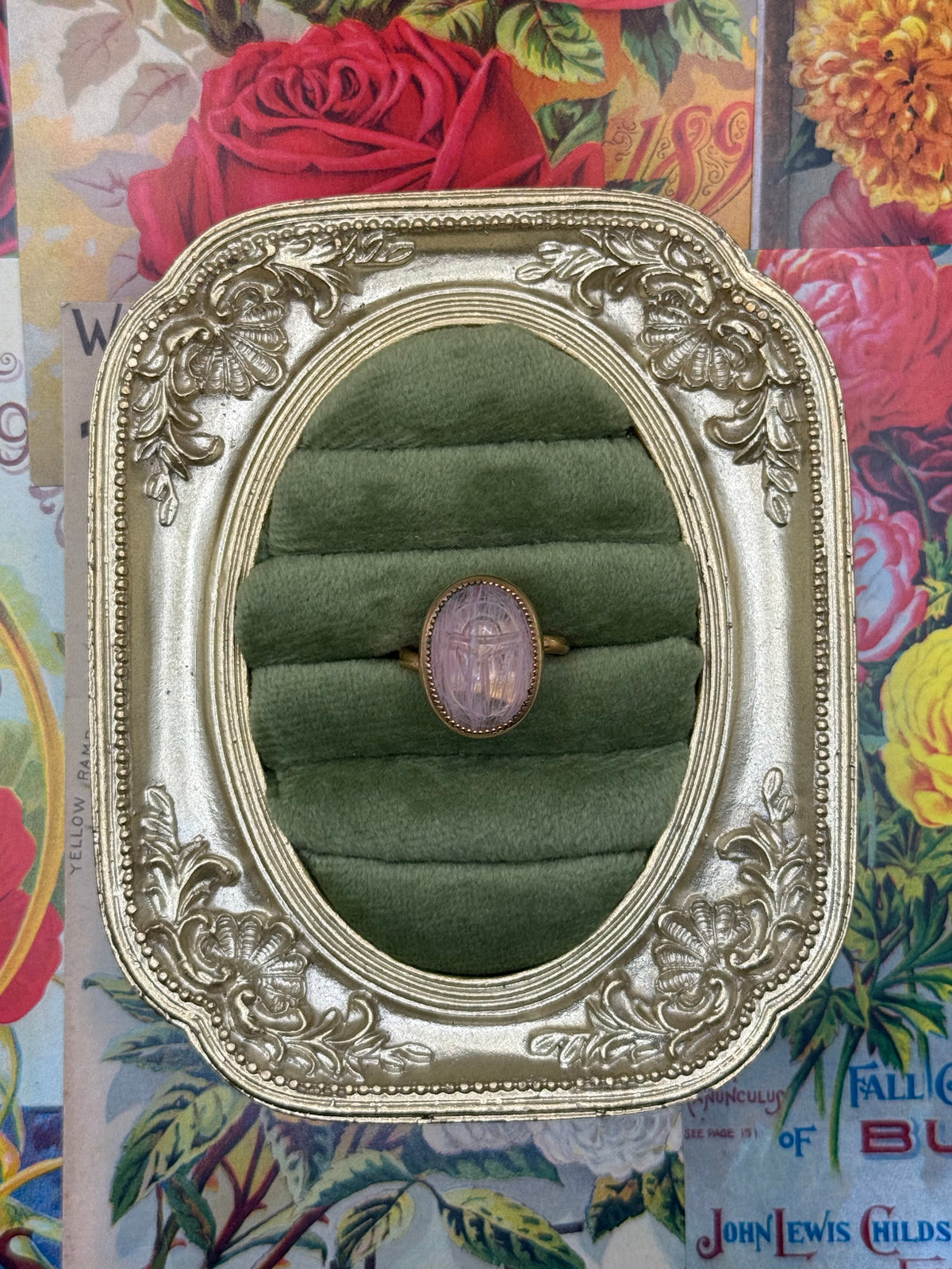 Vintage Gold Tone Pink Scarab Ring Size 5.75