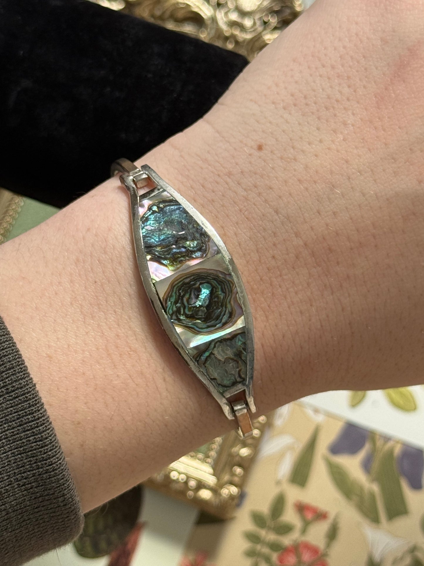 Vintage Silver Tone Abalone Cuff Bangle Bracelet