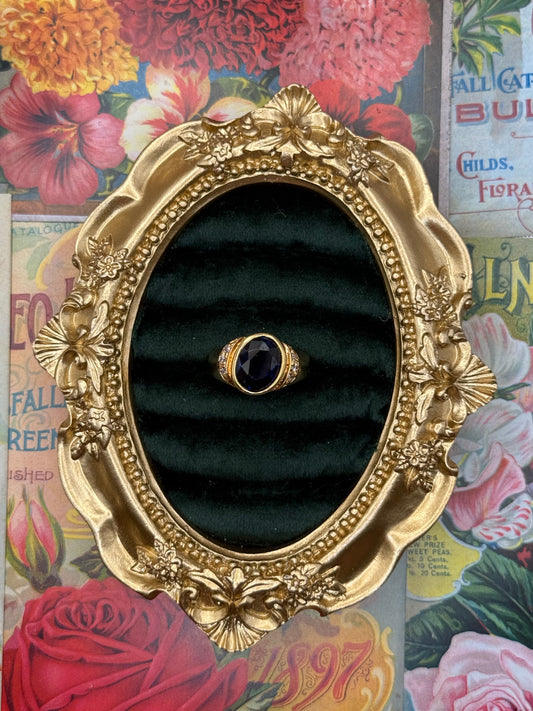 Vintage Gold Tone Old Stock Blue Bezel Ring Size 7