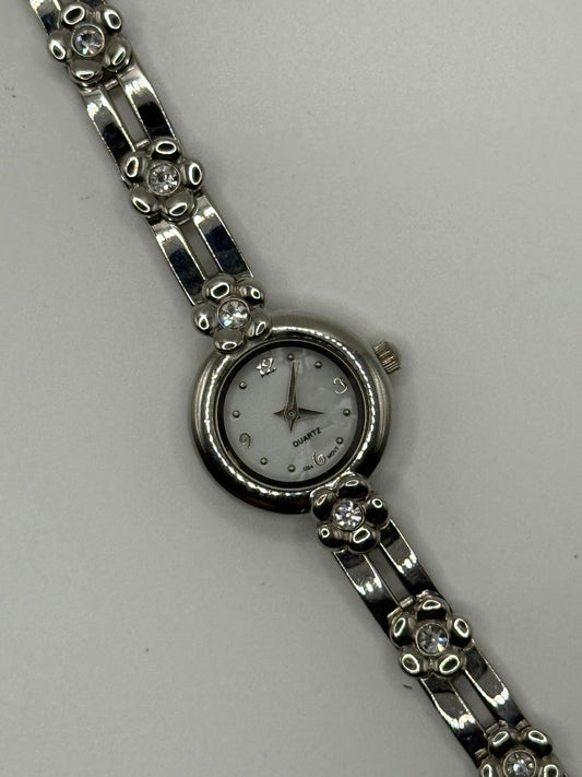 working silver tone floral decal watch