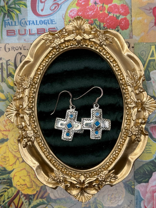 Vintage Sterling Silver Dangle Cross Earrings 1”