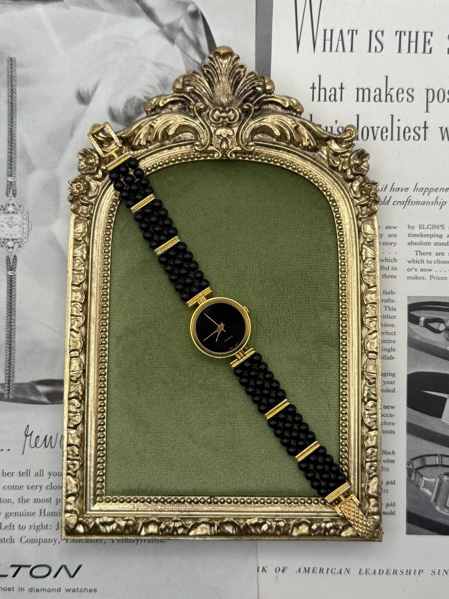 Working Vintage Gold Tone Black Beaded Watch