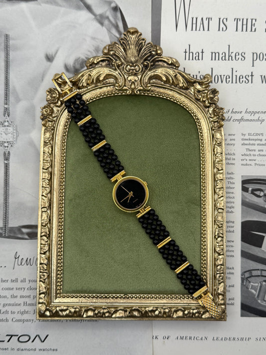 Working Vintage Gold Tone Black Beaded Watch